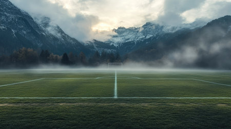 A football field framed by the rising mist of nearby mountains, creating a serene atmosphereの素材