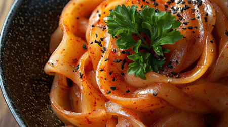 An artistic presentation of rose noodle tteokbokki, topped with fresh parsley and a sprinkle of black pepperの素材