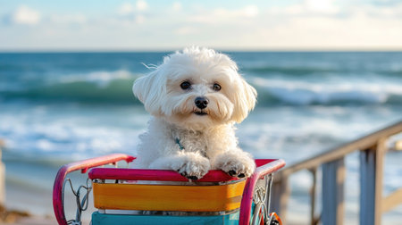 A fluffy white dog sitting in a colorful bicycle cart on a seaside boardwalk, with ocean waves in the backgroundの素材