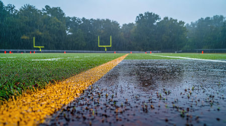 A football field during a light rain, with puddles beginning to form on the sidelineの素材