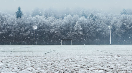 A football field covered in a light dusting of snow, with the goalposts and lines still visibleの素材