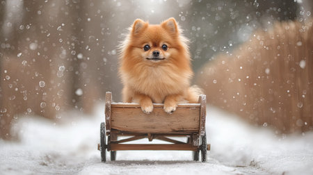 A fluffy Pomeranian sitting proudly in a miniature wooden cart on a snowy winter dayの素材