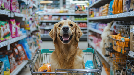 A golden retriever happily sitting in a shopping cart in a pet store aisle, surrounded by pet suppliesの素材