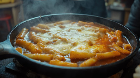 A steaming hot serving of rose noodle tteokbokki in a cast iron pan, with melted cheese bubbling on topの素材