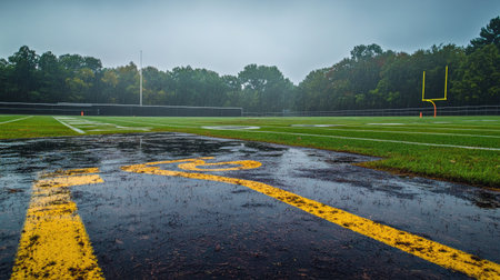 A football field during a light rain, with puddles beginning to form on the sidelineの素材