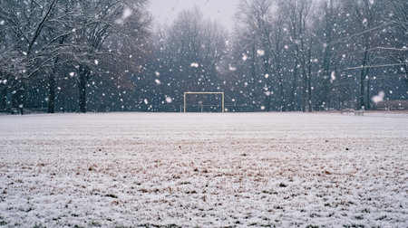 A football field covered in a light dusting of snow, with the goalposts and lines still visibleの素材