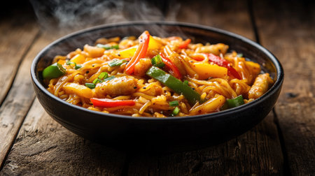 A steaming bowl of rose tteokbokki noodles with colorful bell peppers and fish cakes, served on a rustic wooden tableの素材