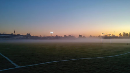 A foggy football field in the early morning, with goalposts barely visible in the distanceの素材