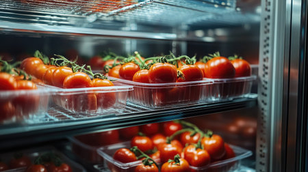 Vibrant tomatoes in transparent trays on stainless steel shelves in a chilled food storage roomの素材