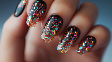 A festive nail art look featuring multi-colored glitter confetti over a transparent base coat, perfect for celebrationsの素材