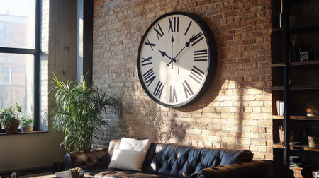 An oversized modern wall clock with Roman numerals, mounted on a brick accent wall in a loft apartmentの素材