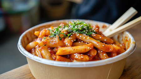 A street food stall-style image of rose tteokbokki noodles, served in a simple disposable bowl with wooden cutleryの素材