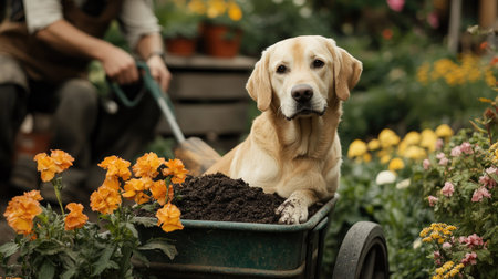 A Labrador retriever sitting in a garden cart filled with soil and flowers, as a gardener works nearbyの素材