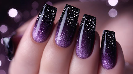 A glamorous design with deep purple nails accented by fine glitter gradients and metallic studsの素材