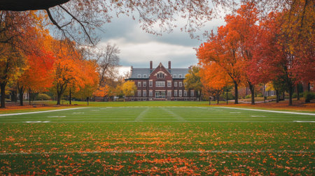 A football field on a college campus, framed by colorful autumn trees and a historic building in the backgroundの素材