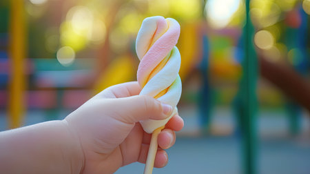 Twisted marshmallows in a child's hand, with a blurred background of a vibrant park.の素材