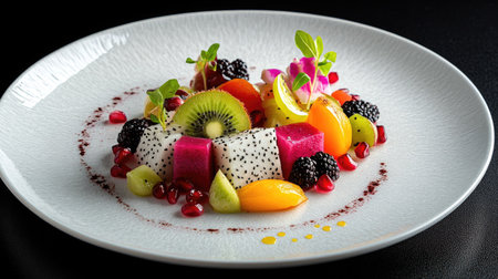 Assorted fresh fruits, including dragon fruit, pomegranate seeds, and sliced kiwi, displayed on a round white plateの素材