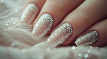 A glittery French manicure featuring silver glitter tips on a natural pink base, photographed against a soft fabric backgroundの素材