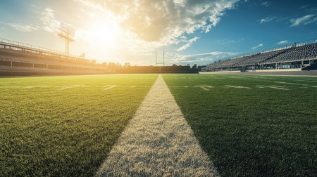 A football field with one half in bright sunlight and the other shaded by nearby stadium bleachersの素材