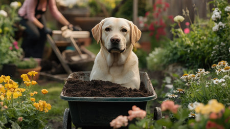 A Labrador retriever sitting in a garden cart filled with soil and flowers, as a gardener works nearbyの素材