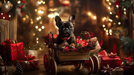 A French bulldog sitting in a decorated Christmas cart, surrounded by holiday lights and wrapped giftsの素材