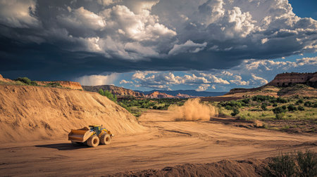 Heavy equipment like bulldozers and trucks actively moving sand in a quarry, with dramatic clouds overheadの素材