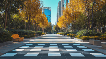 A zebra crossing in the middle of a modern city park, flanked by decorative shrubs and benches.の素材