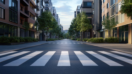 A zebra crossing in the middle of a quiet urban street, surrounded by modern buildings.の素材
