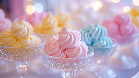 Brightly colored twisted marshmallows served in small decorative bowls at a wedding candy bar.の素材