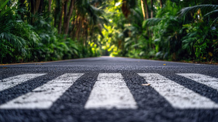 A zebra crossing with slightly worn lines, surrounded by lush greenery on a country road.の素材