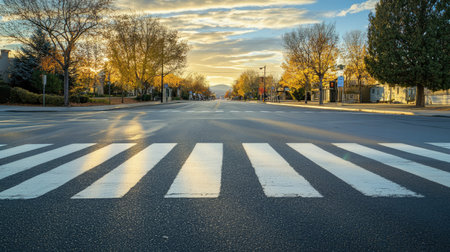 A zebra crossing under soft morning light on a deserted street in a small town.の素材