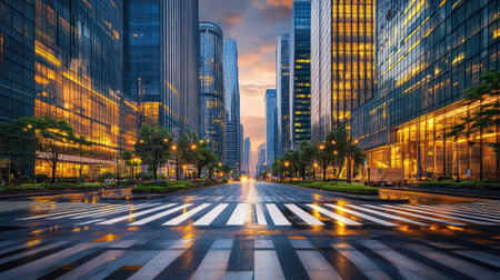 A zebra crossing framed by tall skyscrapers, photographed in soft evening light.の素材