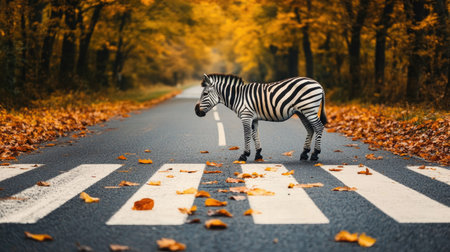 A zebra crossing on a road flanked by autumn foliage, with leaves scattered across the lines.の素材