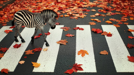 A zebra crossing on a road flanked by autumn foliage, with leaves scattered across the lines.の素材