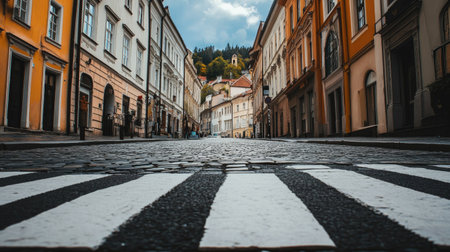 A zebra crossing in the middle of a cobblestone street in a historic European town.の素材