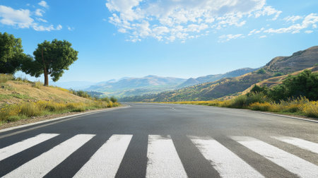 A zebra crossing on a hilltop road, with sweeping views of the surrounding landscape.の素材