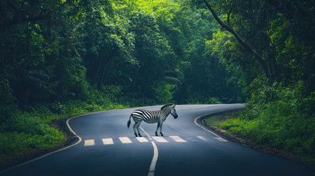 A zebra crossing on a winding road in a forest, surrounded by dense green trees.の素材
