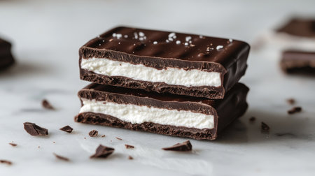 Close-up of a chocolate wafer broken in half, with crumbs and creamy filling visible on a marble surface.の素材
