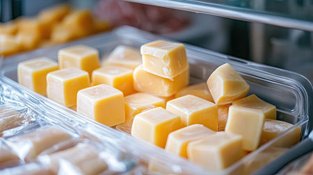 Cheese cubes in resealable plastic packaging displayed in a fridge with other dairy productsの素材
