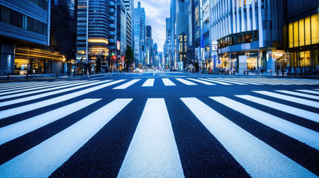 A zebra crossing framed by tall skyscrapers, photographed in soft evening light.の素材