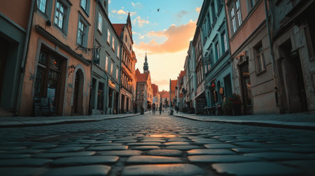 A zebra crossing in the middle of a cobblestone street in a historic European town.の素材