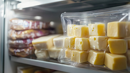Cheese cubes in resealable plastic packaging displayed in a fridge with other dairy productsの素材