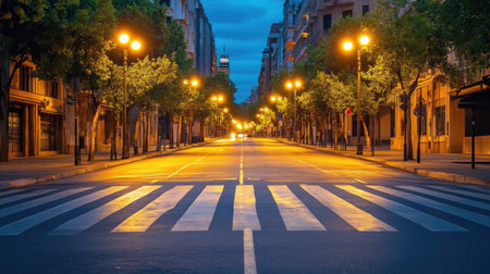 A zebra crossing on an empty urban street at night, illuminated by soft yellow streetlights.の素材