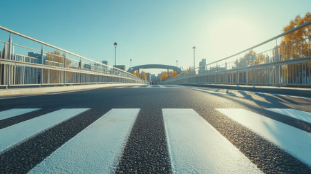 A zebra crossing leading to a pedestrian bridge on a clear and sunny day.の素材