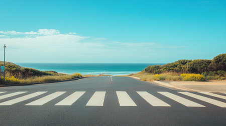 A zebra crossing on a sunny coastal road, with the ocean visible in the distance.の素材