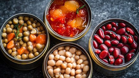 Cans of fruit cocktail, beans, and tuna displayed with their contents poured into glass bowls for a recipeの素材