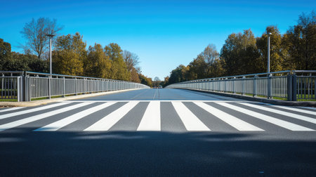 A zebra crossing leading to a pedestrian bridge on a clear and sunny day.の素材