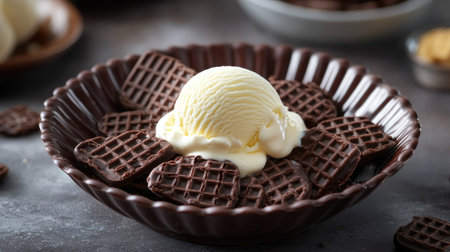 Chocolate wafers arranged around a scoop of vanilla ice cream in a decorative bowl.の素材