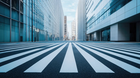 A zebra crossing in a minimalist urban plaza, framed by modern architecture.の素材