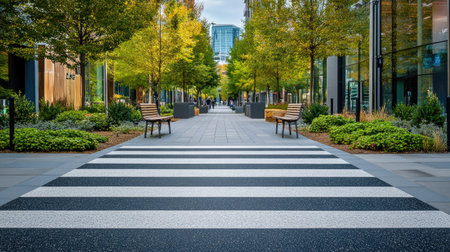 A zebra crossing in the middle of a modern city park, flanked by decorative shrubs and benches.の素材